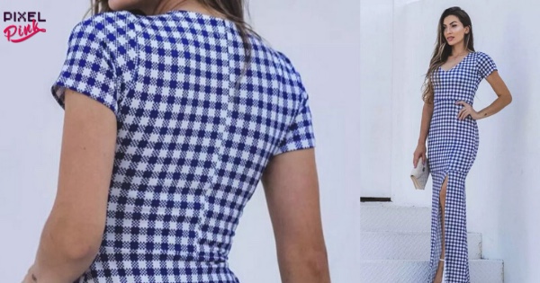 Como usar o Classic Blue - a cor de 2020 vestido-longo-xadrez-suplex-fenda-lateral flor de amendoa moda evangélica